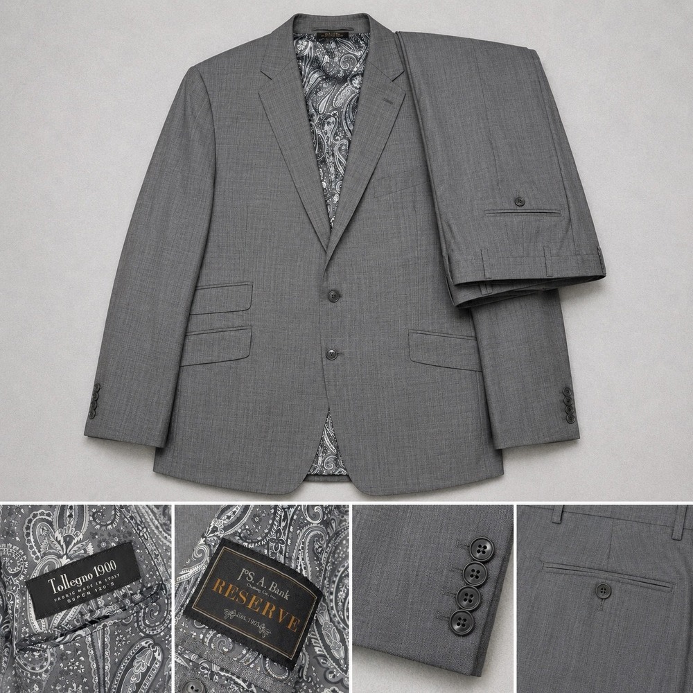 JOS A BANK Reserve Suit Mens 48R 41x28.5 Gray‎ Tollegno 1900 Super 120s Wool